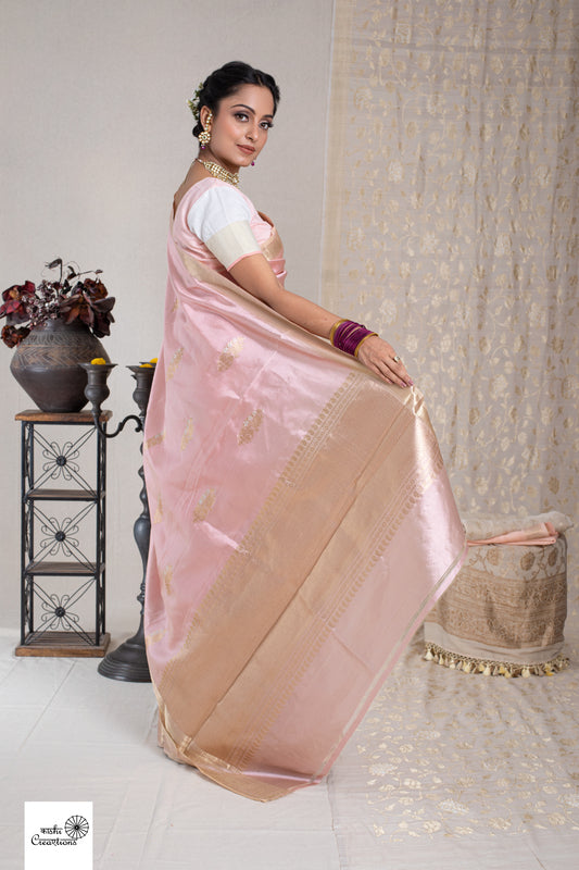 Punch Pink Pure Katan Silk Khadwa Boota Border Handloom Banarasi Saree