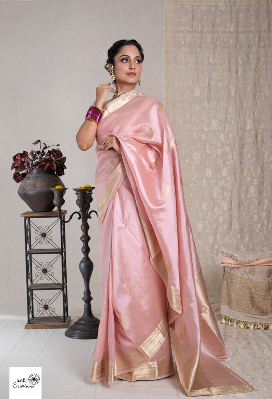 Punch Pink Pure Katan Silk Khadwa Boota Border Handloom Banarasi Saree