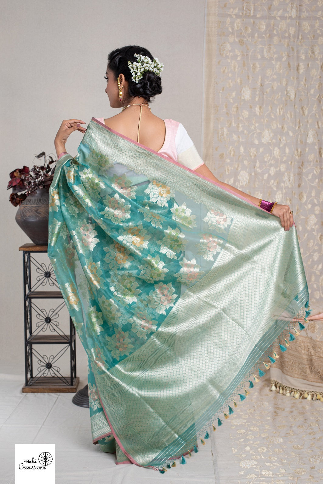 Sky Blue Floral Design Pure Organza Handwoven Banarasi Saree