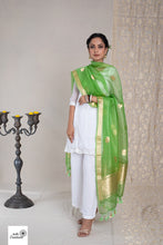 Load image into Gallery viewer, Parrot Green Pure Kora Silk Handloom Khadwa Border Booti Banarasi Dupatta
