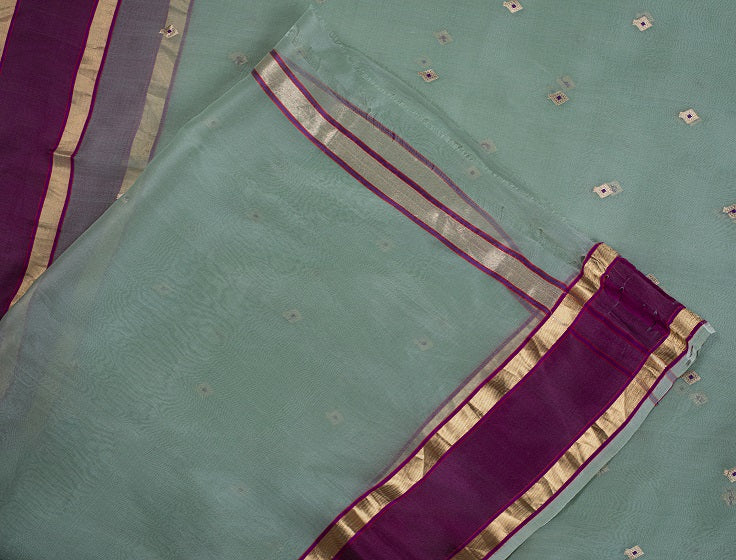 Fern Green and Mulberry Pink Pure Organza Handwoven Khadwa Boota Banarasi Saree