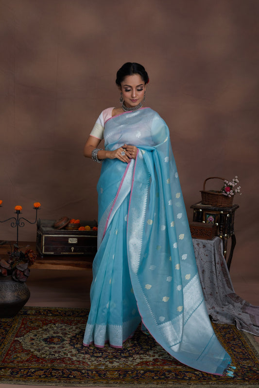 Sky Blue (aasmani) Pure Organza Booti Border Handwoven Khadwa Banarasi Saree