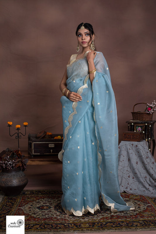 Powder Blue Pure Organza Scallop design Khadwa Buta Border Handwoven Banarasi Saree