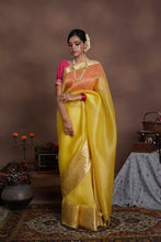 Load image into Gallery viewer, Yellow Pure Kora Silk Handloom Banarasi Khadwa Border Saree
