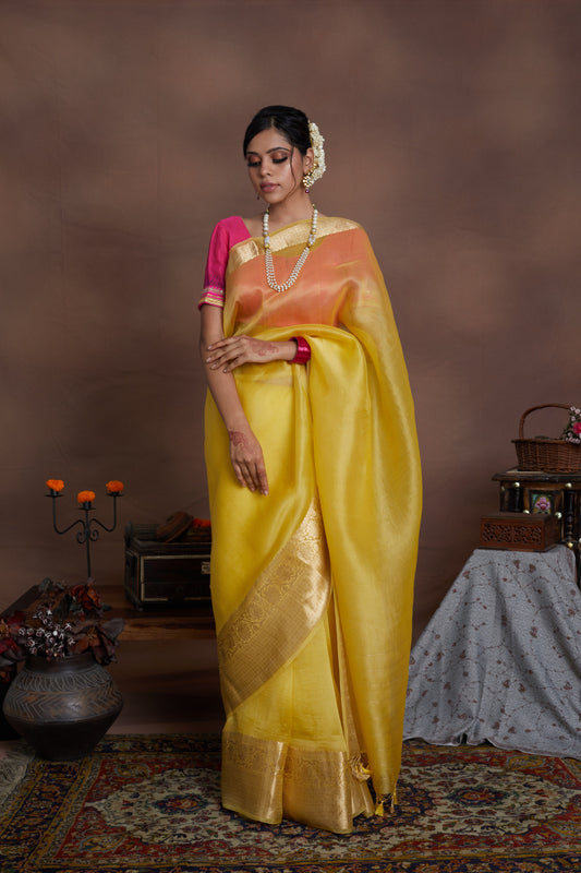 Yellow Pure Kora Silk Handloom Banarasi Khadwa Border Saree