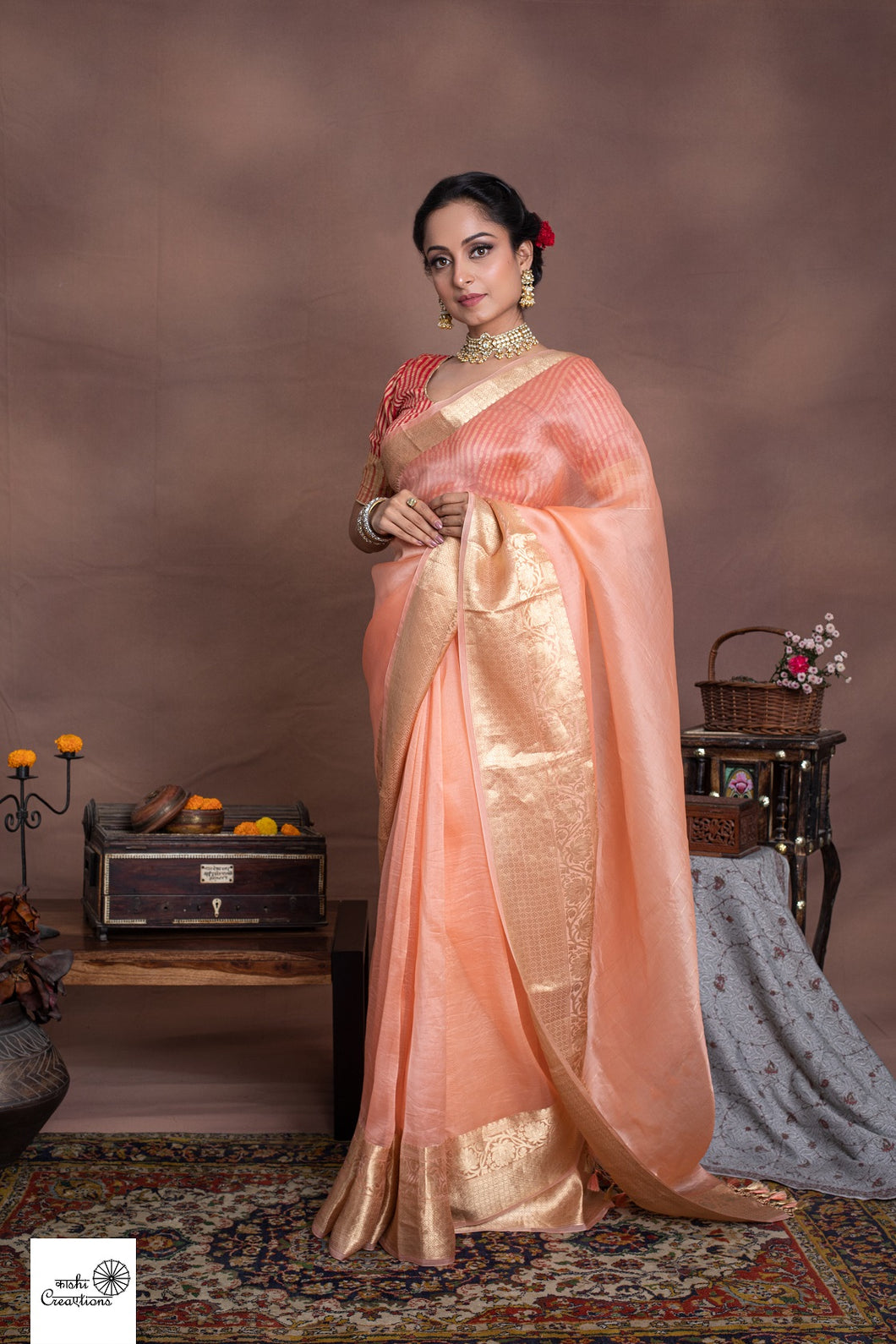 Buy Peach Pure Kora Silk Handloom Banarasi Saree