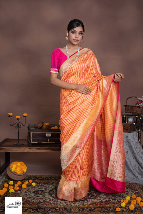 Orange Pink Pure Katan Silk Handloom Saree