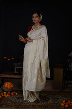 Load image into Gallery viewer, Ivory Pure Tussar Georgette Silk Textured Handloom Banarasi Saree
