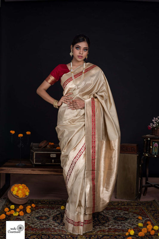 Beige Golden Pure katan silk handwoven banarasi saree