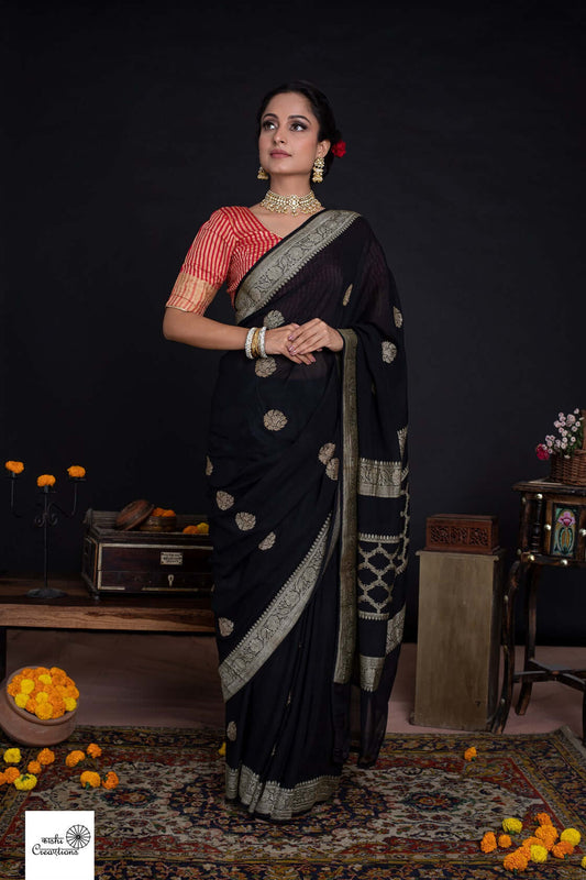 Black Pure Khaddi Georgette khadwa Handloom Banarasi Saree