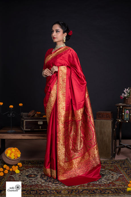 Red Tanzeb Pure Katan Silk Handloom Banarasi Saree